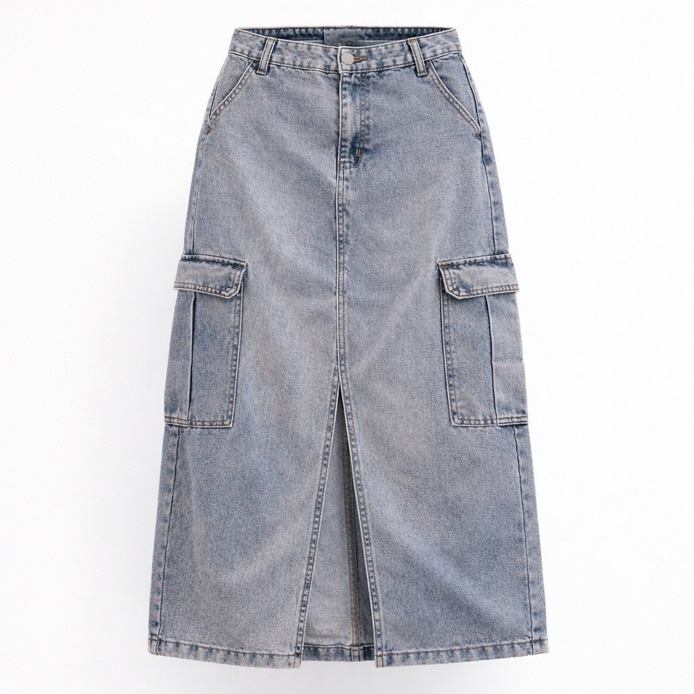Midi Denim Skirt Y2K Vintage 90s Cargo Pockets Front Slit Sz 7
